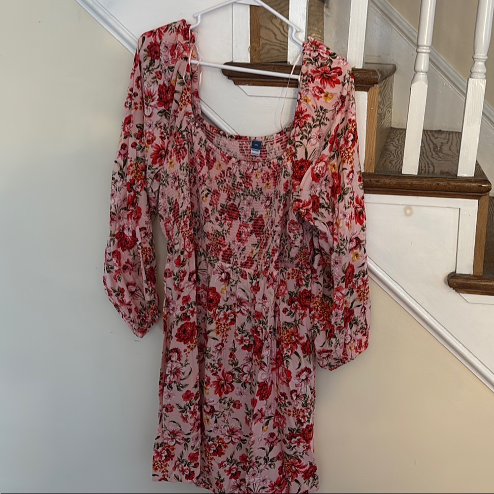 Old Navy Puff Sleeve Floral Pink and Red Dress
